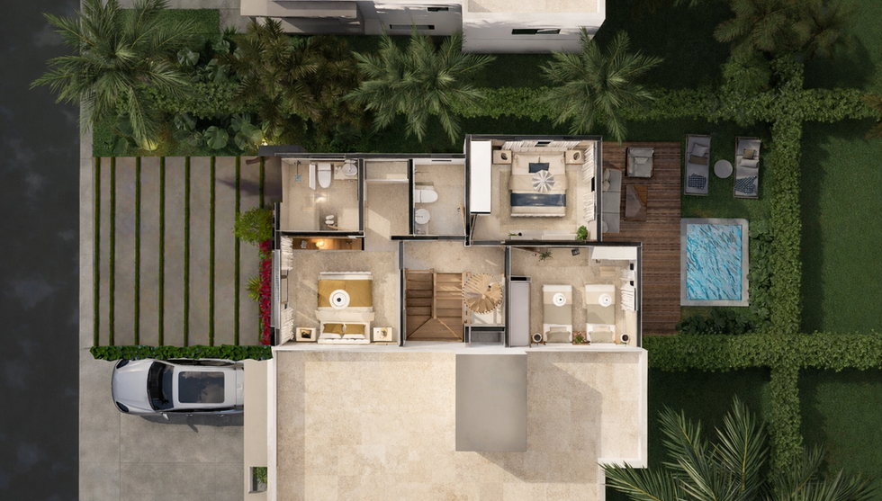 Second-floor plan of the three-bedroom duplex villa at Paseo de Punta Cana.