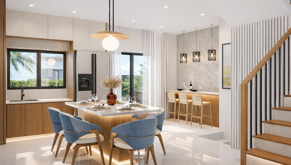 Open-plan living room, dining area and kitchen inside a Paseo de Punta Cana villa.