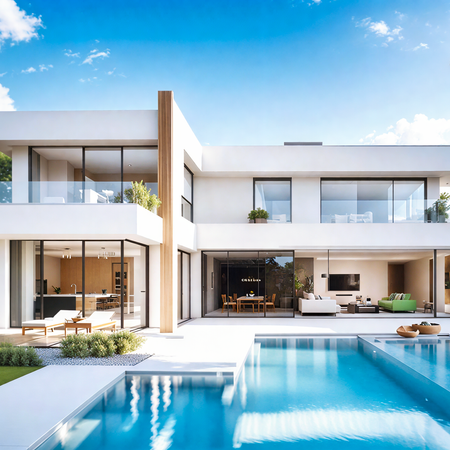 Modern white luxury villa with large terraces and floor-to-ceiling glass facing a private swimming pool under a bright tropical sky.