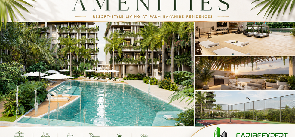 Resort-style amenities with pools, fitness center, tennis, padel and rooftop lounges at PALM Bayahíbe Residences