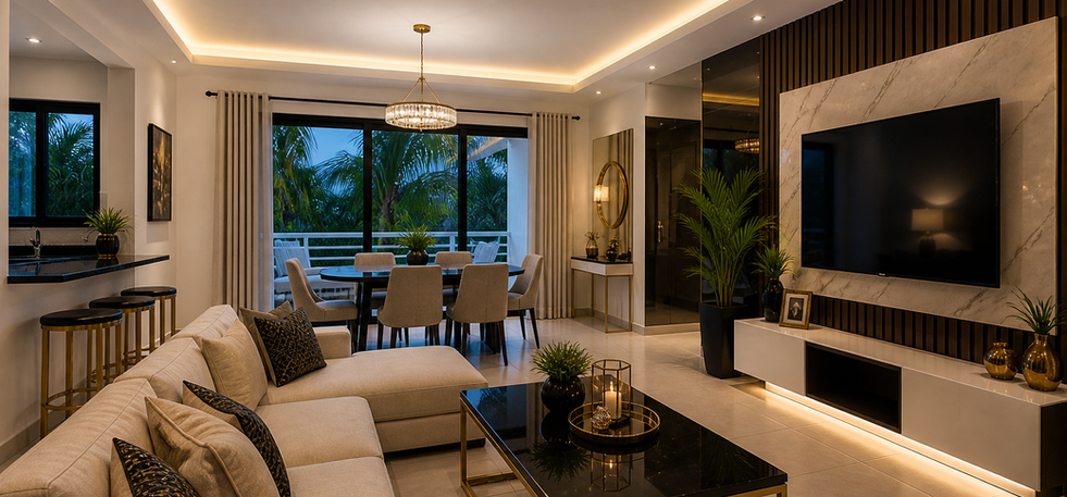 Luxury modern living room and dining area in a Caribbean penthouse featuring elegant ambient lighting, contemporary furniture, marble-style wall design, tropical views, and premium interior architecture.