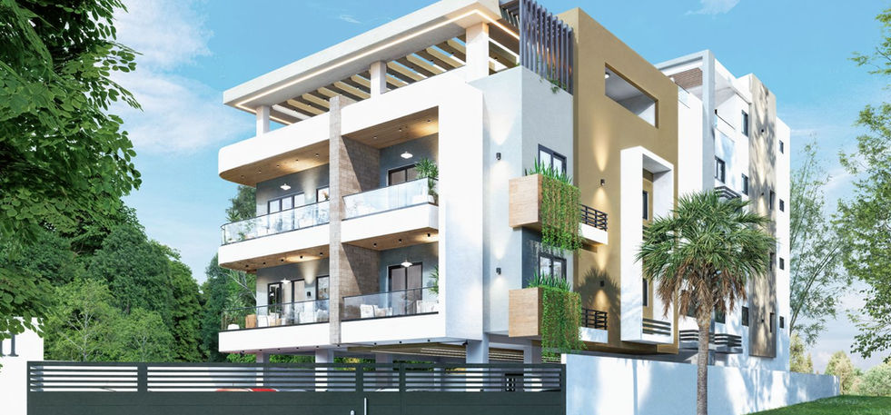 Wide view of Coral Residence II Bayahibe modern condominium with balconies and palm tree in front