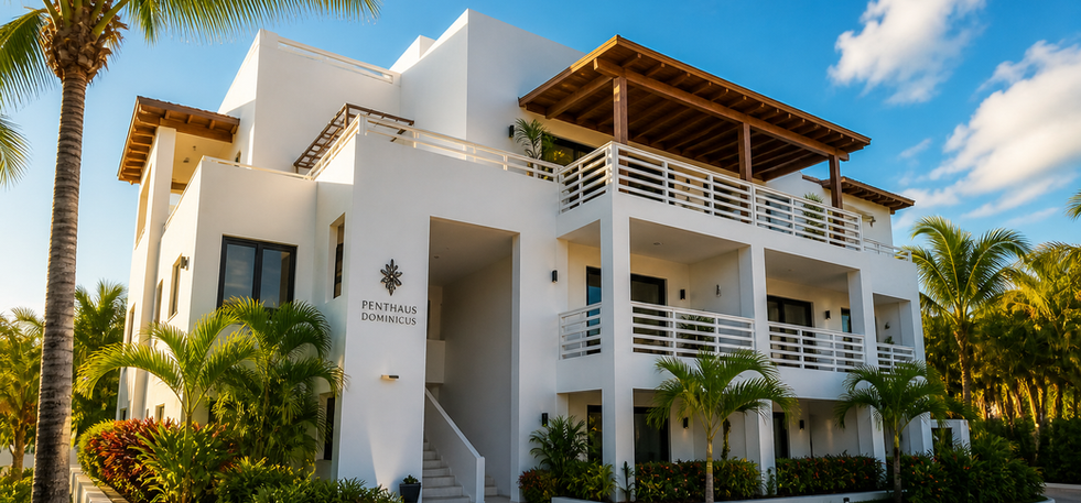 Luxury tropical penthouse terrace with modern outdoor lounge furniture, warm ambient lighting, wooden ceiling design, palm tree views, and elegant Caribbean evening atmosphere.