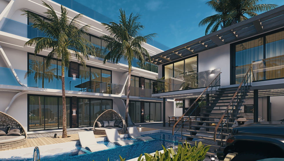 UVE Residence courtyard pool with in-water loungers, palm trees, woven daybeds and modern apartment buildings with glass doors.