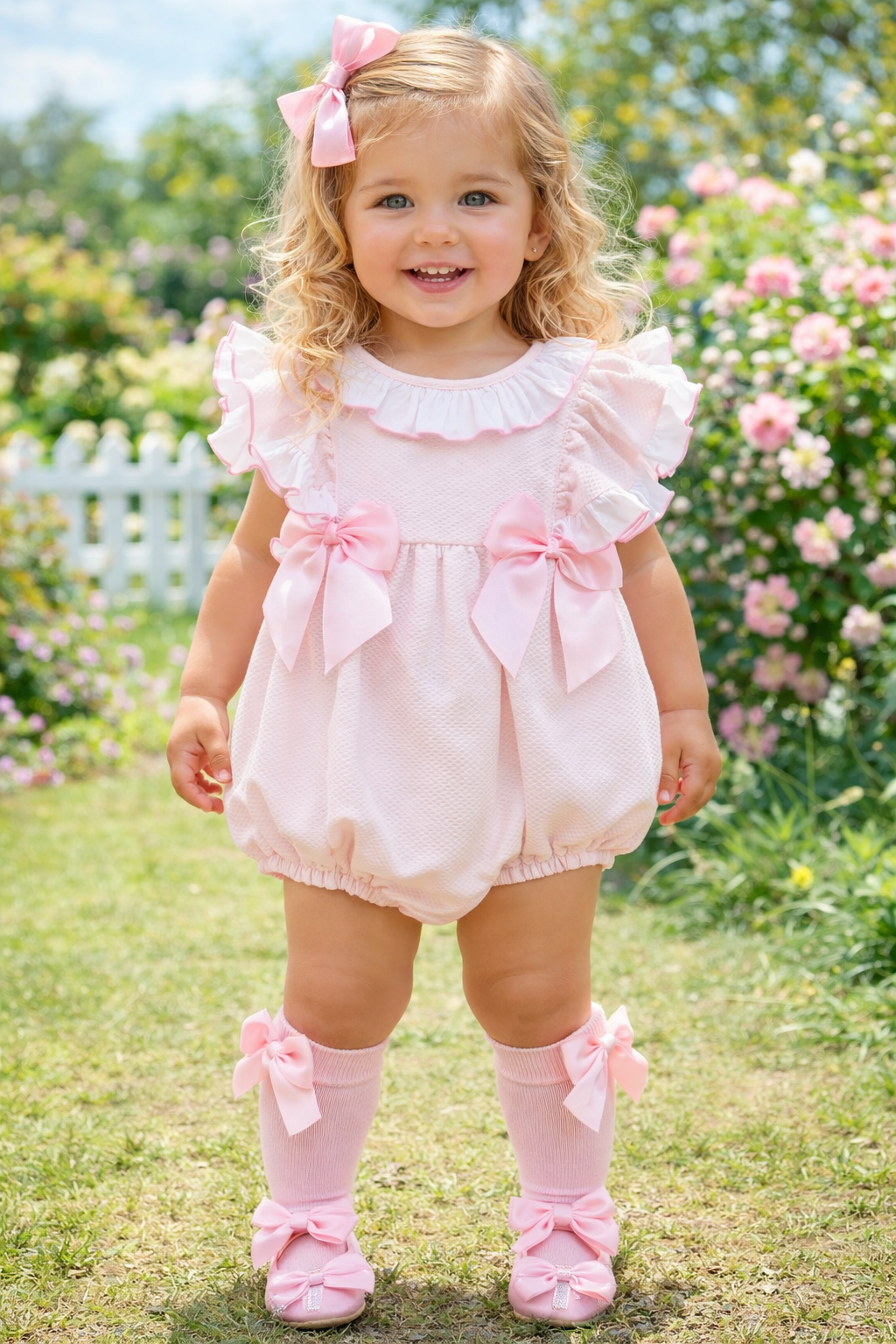 Wee Me Waffle Pink Bow Romper- Chloe