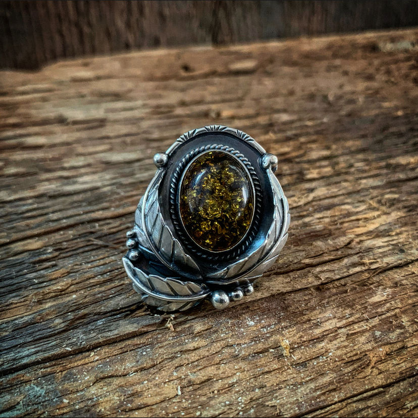 Thumbnail: Botanical Green Amber Ring