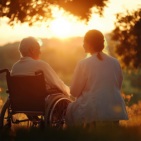 Senior man with aid sitting together watching sunset showing warm companionship