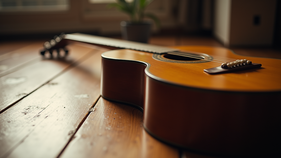 Close-up view of a guitar resting on a wooden floor