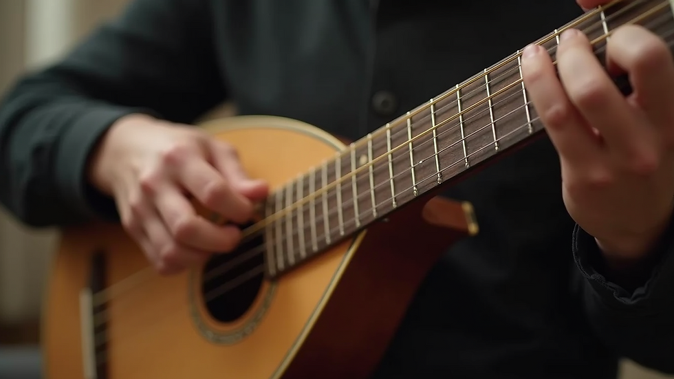 Close-up view of a mandolin’s strings and fretboard