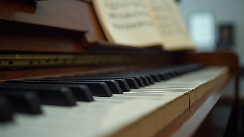 Close-up view of piano keys with sheet music in the background