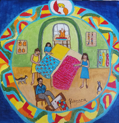 Obra Naif brasileira da artista plástica Rosmarie Reifenrath "Costurando Arte" Pintura acrilico sobre tela