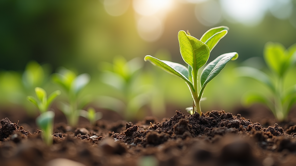 Close-up view of soil with organic mulch and young drought-tolerant plants