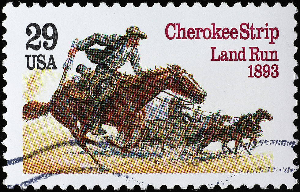 A 29-cent postage stamp, released in 1993, comemmorate the 100th anniversary of the Cherokee Strip Land Run, the year Alfalfa County Oklahoma began to become a permanent fixture in Northwest Oklahoma.