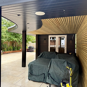 garden room pergola garden renovation porcelain slabs cladding upvc door slatted screen outdoor living 