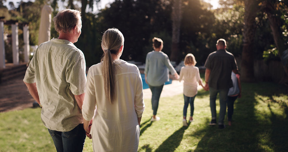 Big family, love and walking together in garden for sunset, bonding and peace in nature
