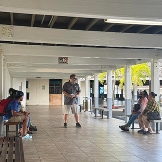 Rotarians greeting the student's families before the trip. 