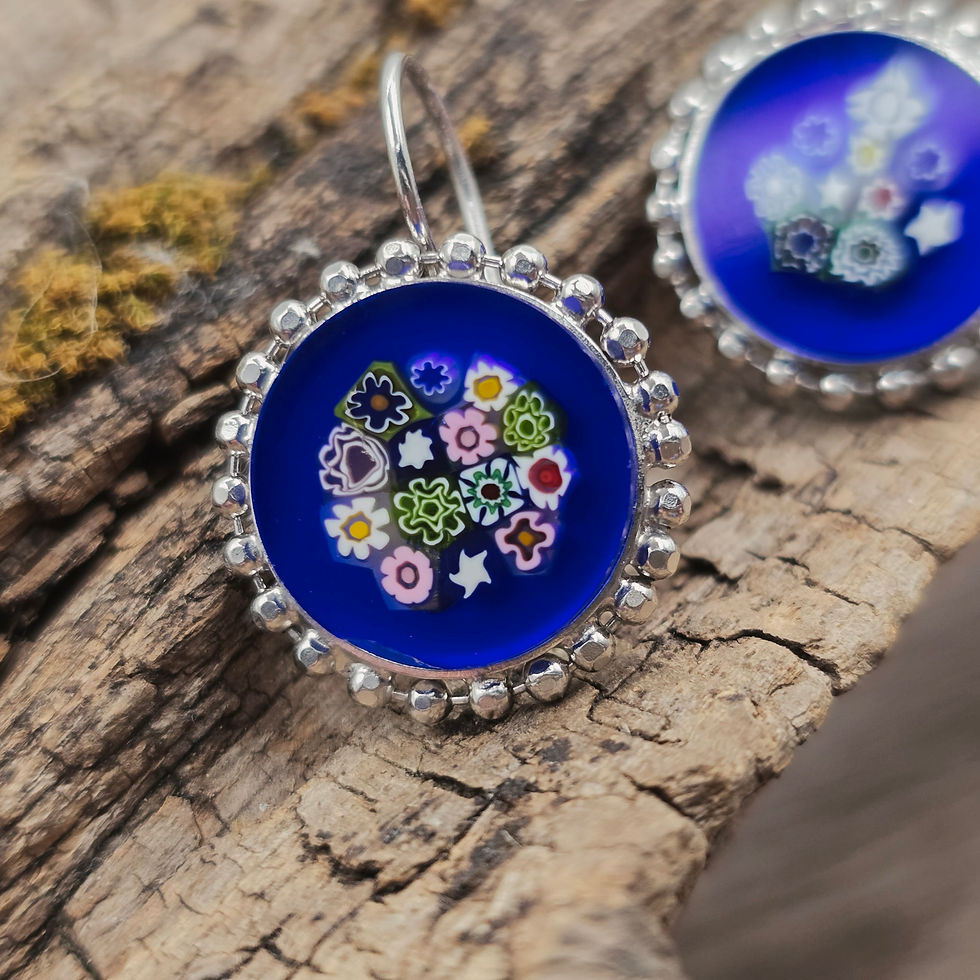 Miniaturbild: Murano Glas Ohrringe Millefleurs in blau mit bunten Glasblumen und Silber