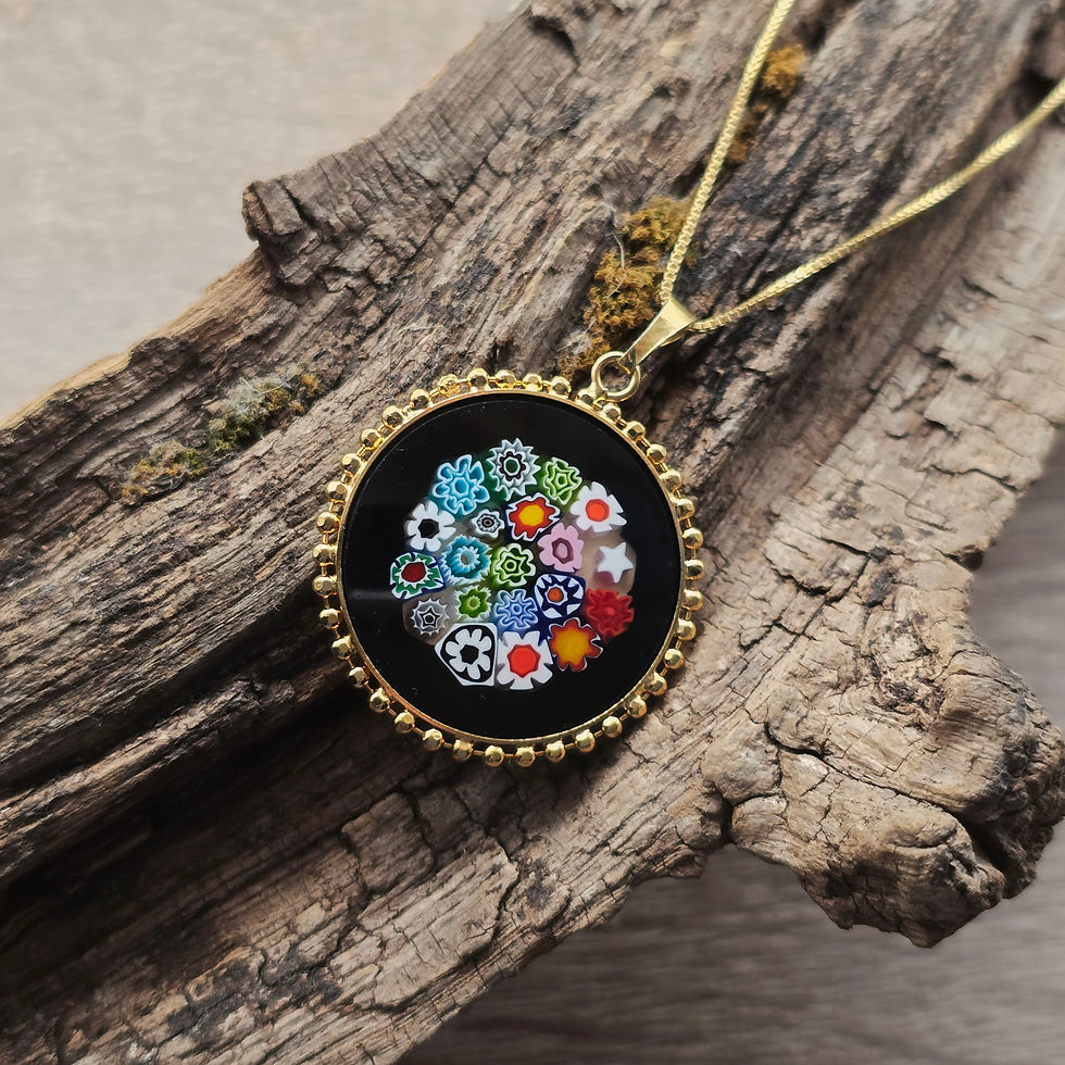 Miniaturbild: Murano Halskette Millefleurs in schwarz mit bunten Glasblumen