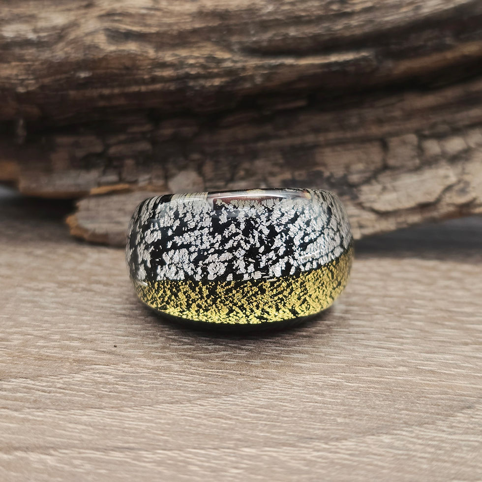 Miniaturbild: Murano Glasring in Gold und Silber mit Schwarz und Blattgolf und -Silber Einlage Gr. 20