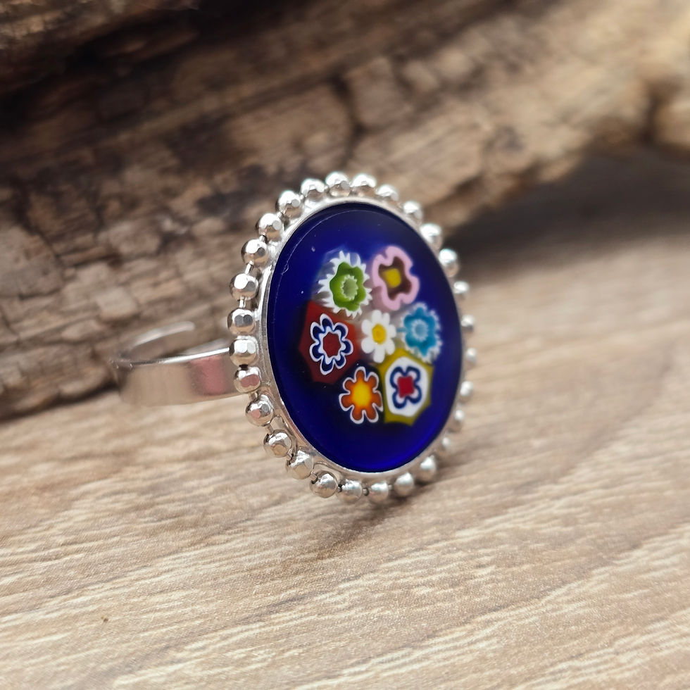Miniaturbild: Murano Millefleurs Glasring in  Blau, typisch Millefleurs mit Glasblumen Gr. 18
