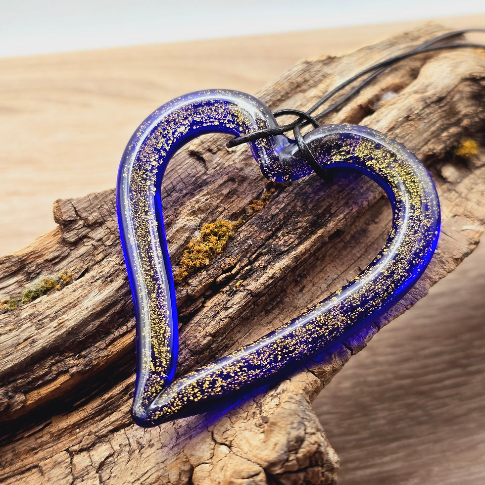 Miniaturbild: Murano Glas Kette mit Herzanhänger in blau, gold und anthrazit mit Blattgold 