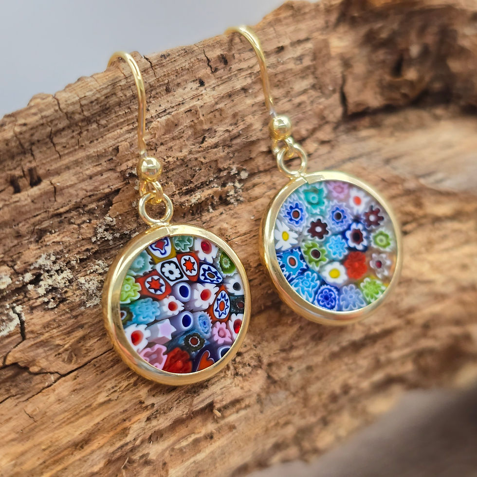 Miniaturbild: Murano Glas Ohrringe Millefleurs in gold mit bunten Glasblumen