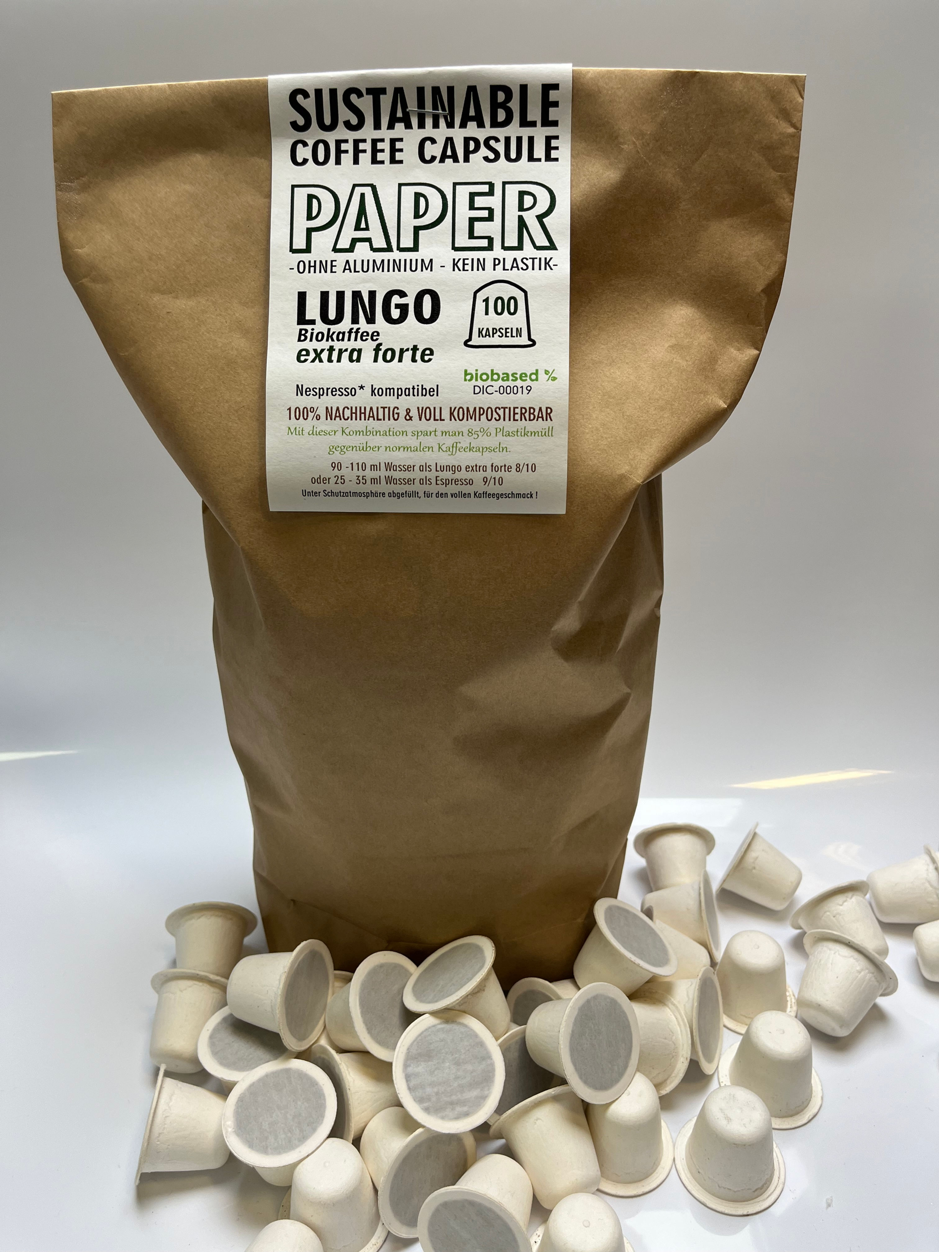 Lungo extra forte/Espresso 100 Papierkapseln m. Kaffee für Nespresso