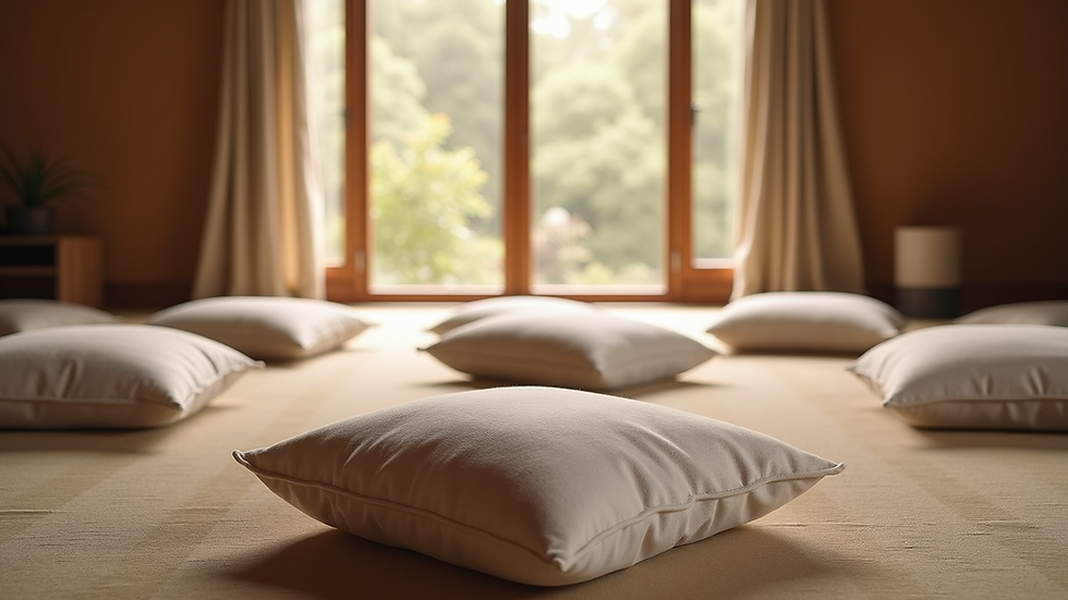 Eye-level view of a serene meditation room with cushions arranged in a circle