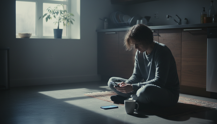 Eye-level view of a tired person sitting on a kitchen floor beside a glowing phone