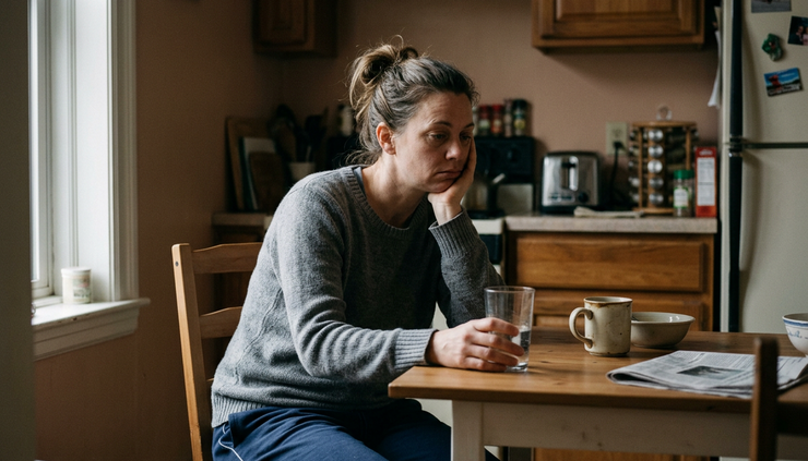 Eye-level view of a tired person sitting at a kitchen table in early morning light.