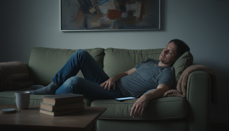 Eye-level view of a person sitting on a couch with a dim phone screen nearby