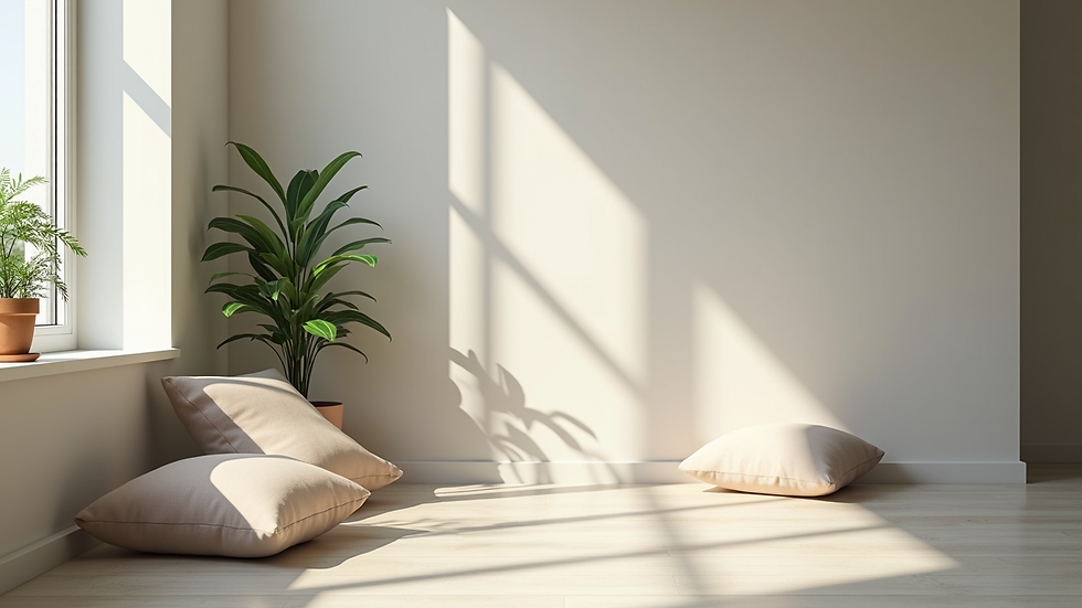 Close-up view of a calm indoor space with a small indoor plant and soft cushions