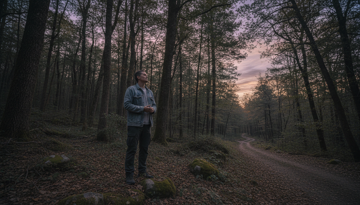 Wide-angle view of a person standing quietly outside near trees at dusk