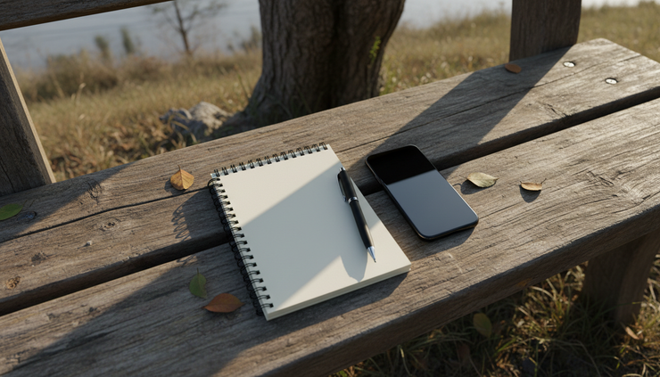 Overhead view of a notebook beside a turned-off phone on a wooden bench