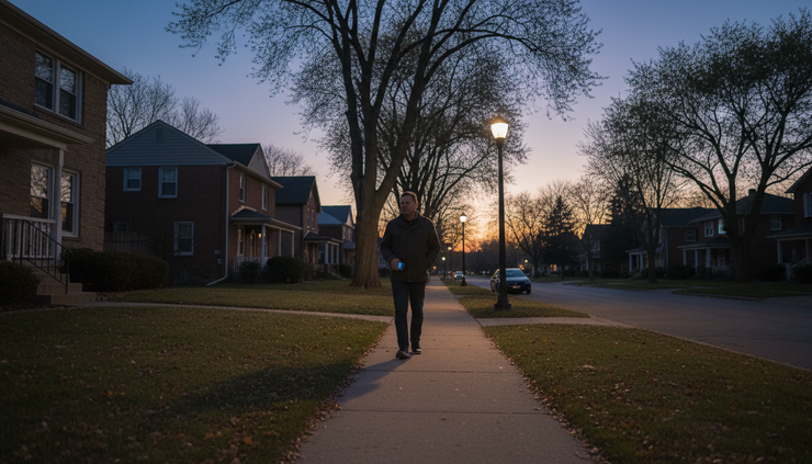 Wide-angle view of a person walking alone on a quiet sidewalk at dusk