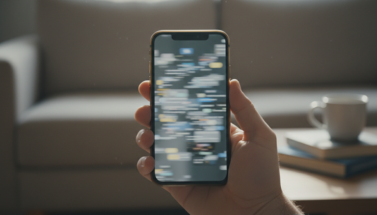 Close-up view of a hand holding a phone filled with blurred notification alerts