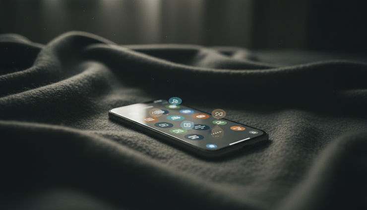 Close-up view of a smartphone with many notifications lighting up in a dark room