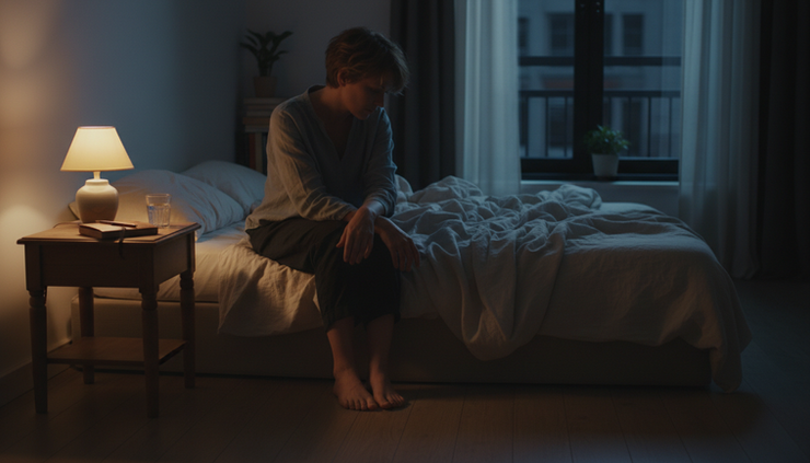 Eye-level view of a person sitting awake on the edge of a bed in a dim room.
