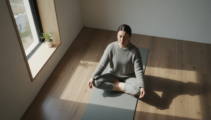 Overhead view of a person sitting quietly on a mat beside a window