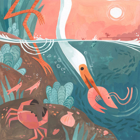 illustration of a bird standing in water and catching a shrimp