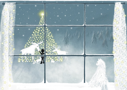 Day 3 of twelve days of Christmas. Wintery window with snow and white creatures gathering around the christmas tree with string lights by illustrator christmas stars lights snow dark by Johanne Nicola Lether illustrator