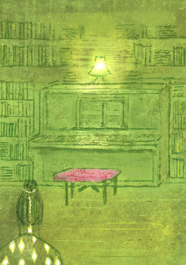 Mixed media illustration of my piano studio. Monotype, gel plate/pencil drawing.