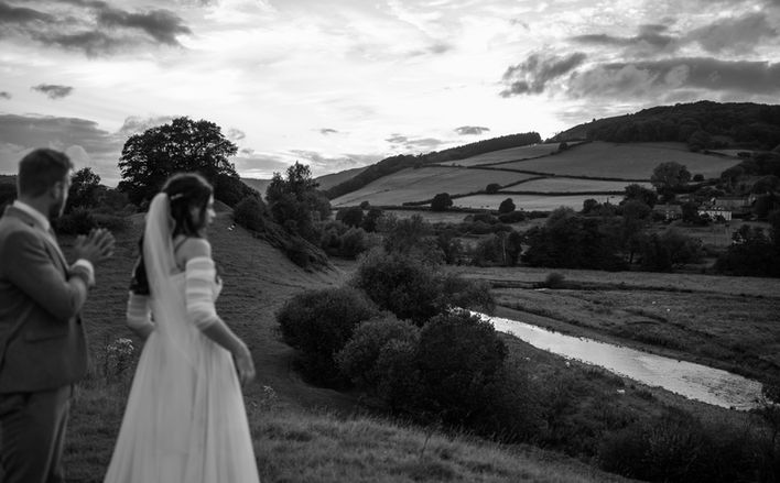 Moody black and white wedding landscape