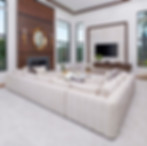 Luxury modern living room with oversized sectional sofa, fireplace feature wall, custom media cabinetry, and floor-to-ceiling windows by Tutto Interiors