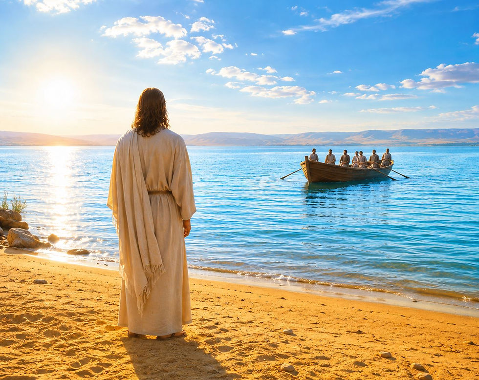 Jesus steht am Ufer des See Genezareth und wartet auf die Jünger (Joh 21,4)