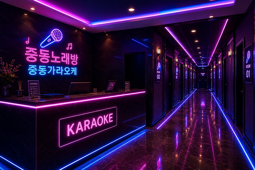 퍼플과 블루 네온 조명을 적용한 프리미엄 노래방 입구 데스크와 길게 이어지는 복도 전경을 담은 이미지로, 중동노래방과 중동가라오케의 고급스럽고 세련된 실내 분위기를 표현한 대표 인테리어 사진