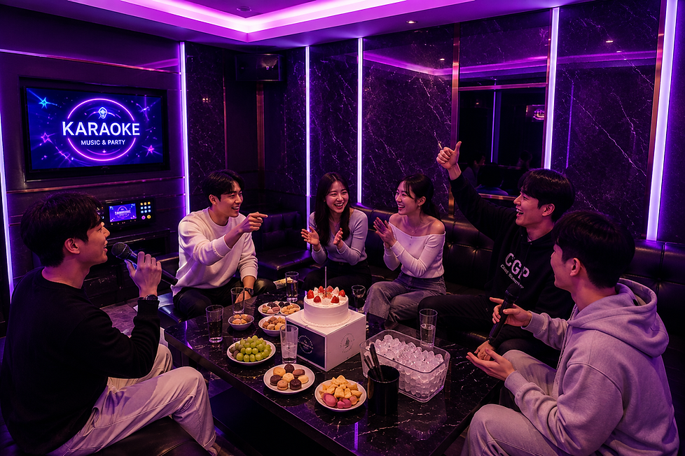 중동노래방, 신중동노래방, 부천시청역노래방 프리미엄 룸에서 남자 4명과 여자 2명이 친구 및 지인들과 함께 케이크, 다과, 음료, 얼음통을 테이블에 준비하고 노래를 부르며 즐거운 시간을 보내는 자연스러운 모임 모습을 표현한 이미지입니다.