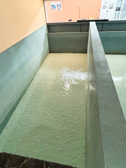 Vista nelle vasche appena risanate. Sopra l'idrochalcite si trova uno strato d'acqua da filtrare.