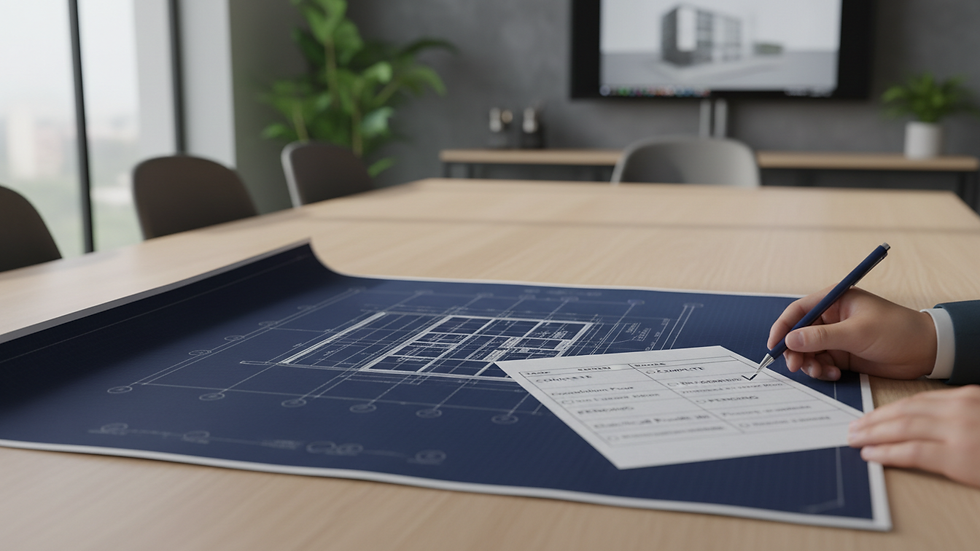 Close-up view of construction blueprint with quality control checklist
