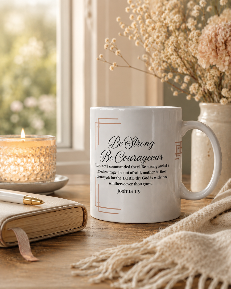 A serene morning setup with a comforting mug featuring the motivational verse from Joshua 1:9, surrounded by a candle, a book, and cozy decor, creating an ambiance of warmth and inspiration.